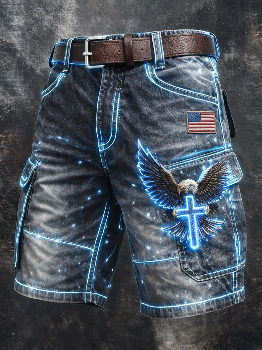 Men's Retro Style USA Flag Art Print Casual Loose Pocket Work Shorts